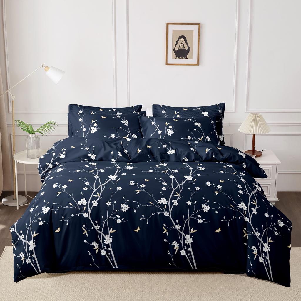 Kuup Bequemes Atmungsaktives Bettwäscheset Queen King Size Blumenmuster Flockierung Bettbezug Bettlaken Kissenbezug Bettwäscheset