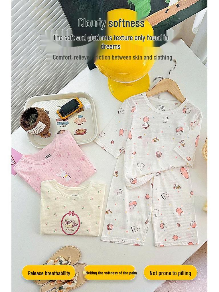 Kids' Pure Cotton Summer Pajama Set: Boys & Girls Three-Quarter Sleeve Homewear