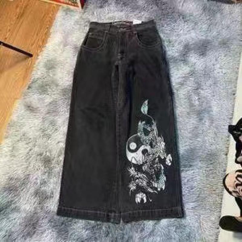Mens Relaxed Fit Straight Leg Denim Pants With Vintage Embroidery Print Hip Hop Streetwear Harajuku Style