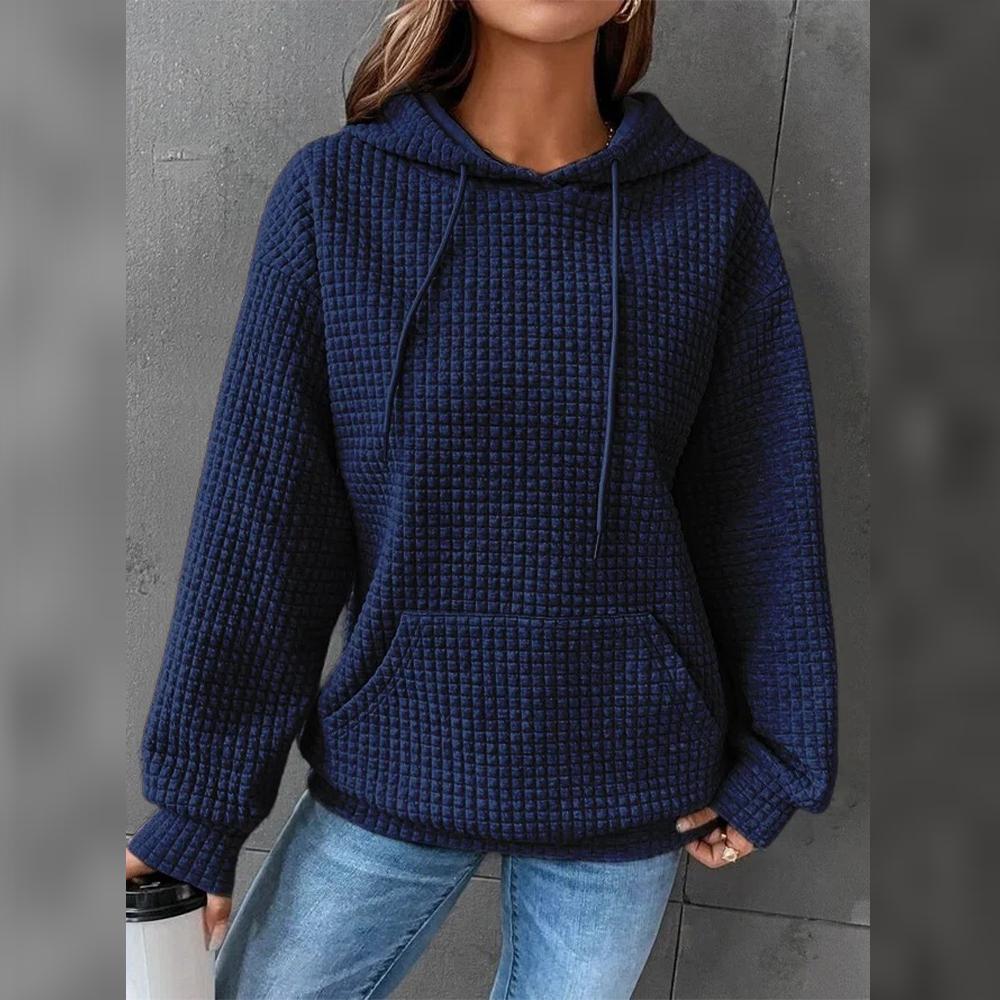 Women Hoodie Plaid Round Neck Pocket Pullover Long Sleeve Solid Color Jacket