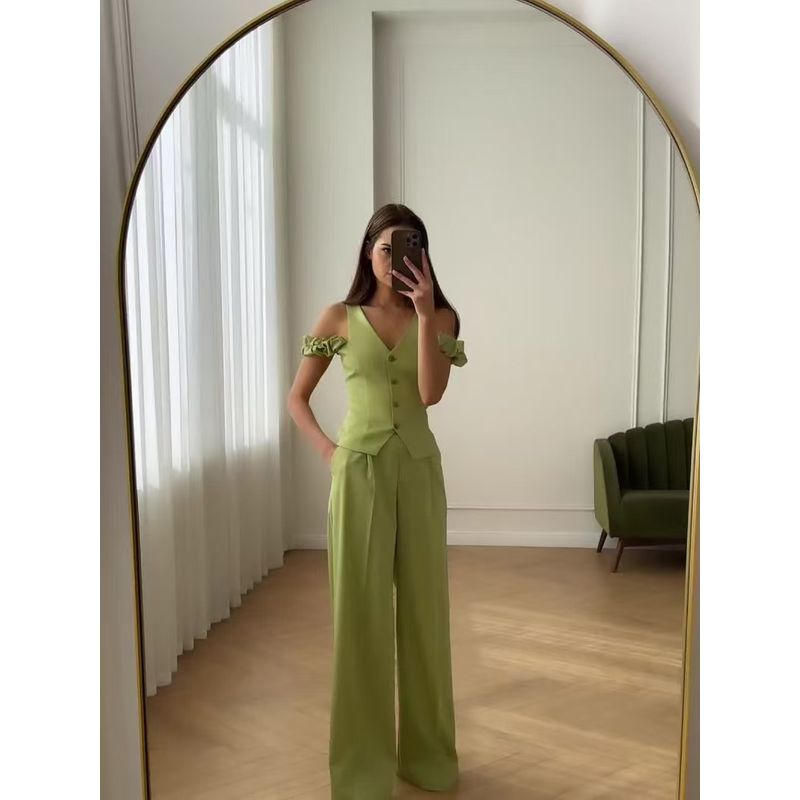 Fashion Wind New Arrival Fashion Pure Color Vest Vest High Waist Loose Pants Two-piece Set Vest and Pants Set