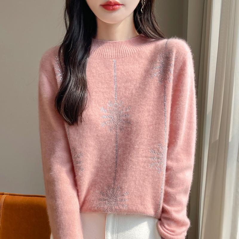 Women S Loose Fit Half Turtleneck Pullover Sweater With Rhinestones