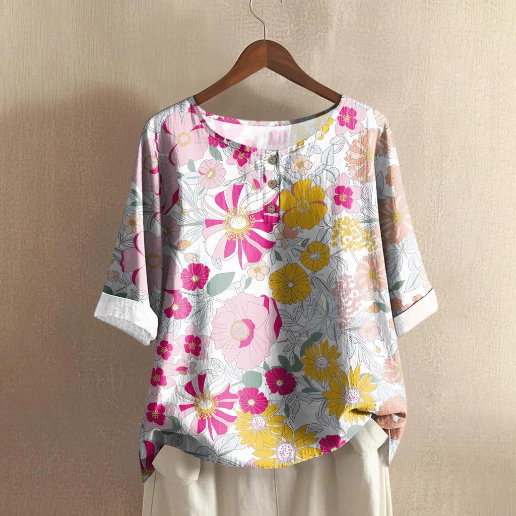 Women's Casual Mid-sleeve Round Neck Retro Floral Print Cotton And Linen Top