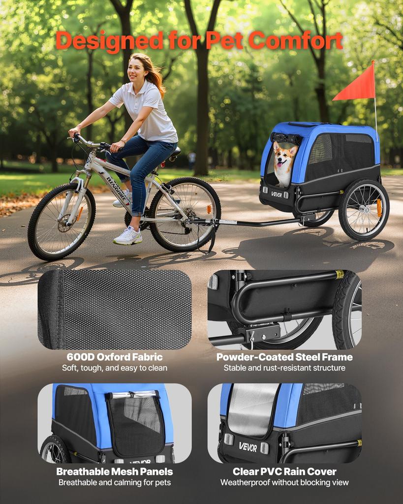 VEVOR Dog Bike Trailer, Supports Up To 30 Kg, Pet Cart Bicycle Carrier for Small & Medium Dogs, Easy Folding Frame with Quick Release Wheel