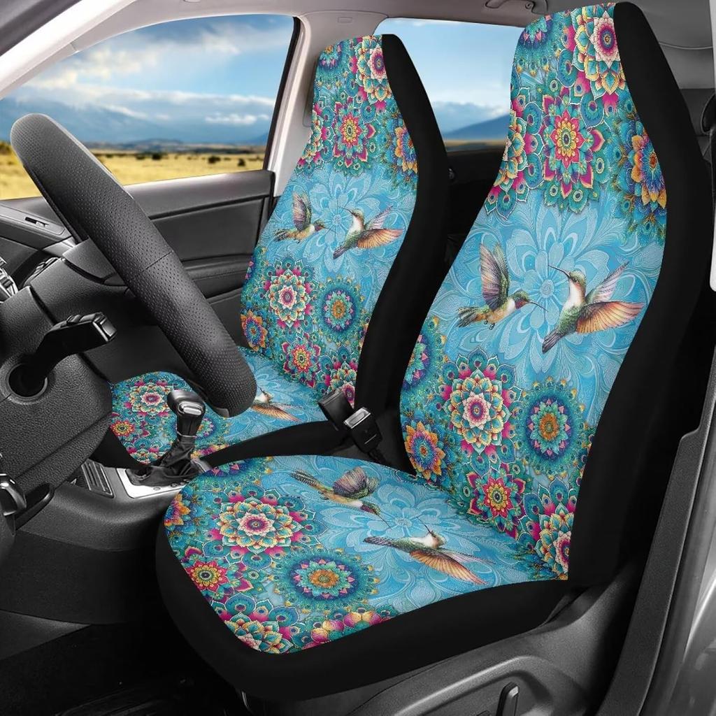 Bulopur Black Boho Floral Car Seat Covers Front Seats Only for Women Men Seat Covers w/Organizer Pocket for Cars SUV Truck Sedan