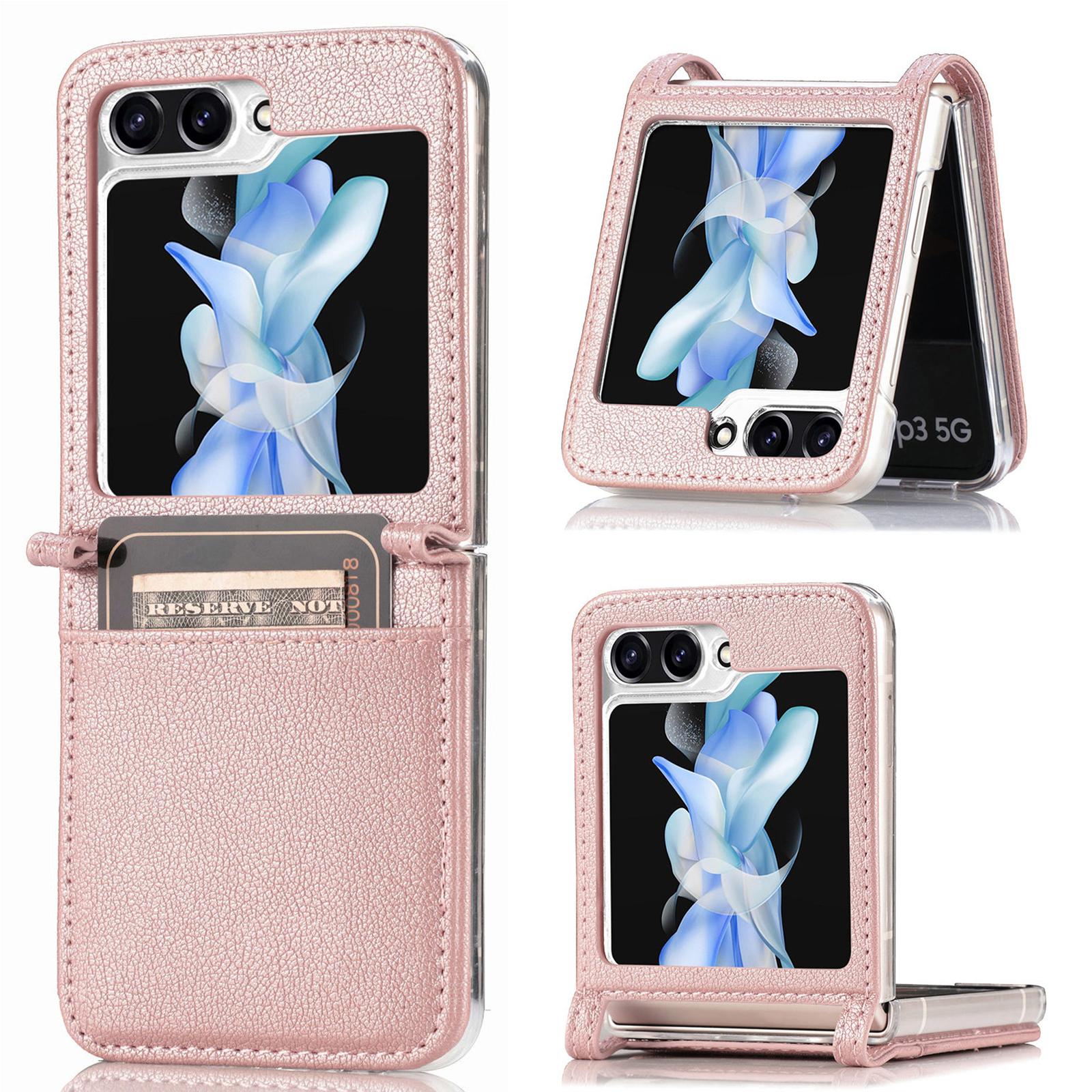 

For Samsung Galaxy Z Flip6 5G Case Card Slot Leather+PC Phone Cover Rose Gold
