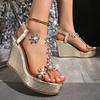 Women's Wide Width Rhinestone Sandals, Platform Wedge Roman Shoes, Peep Toe Summer Slides for Women