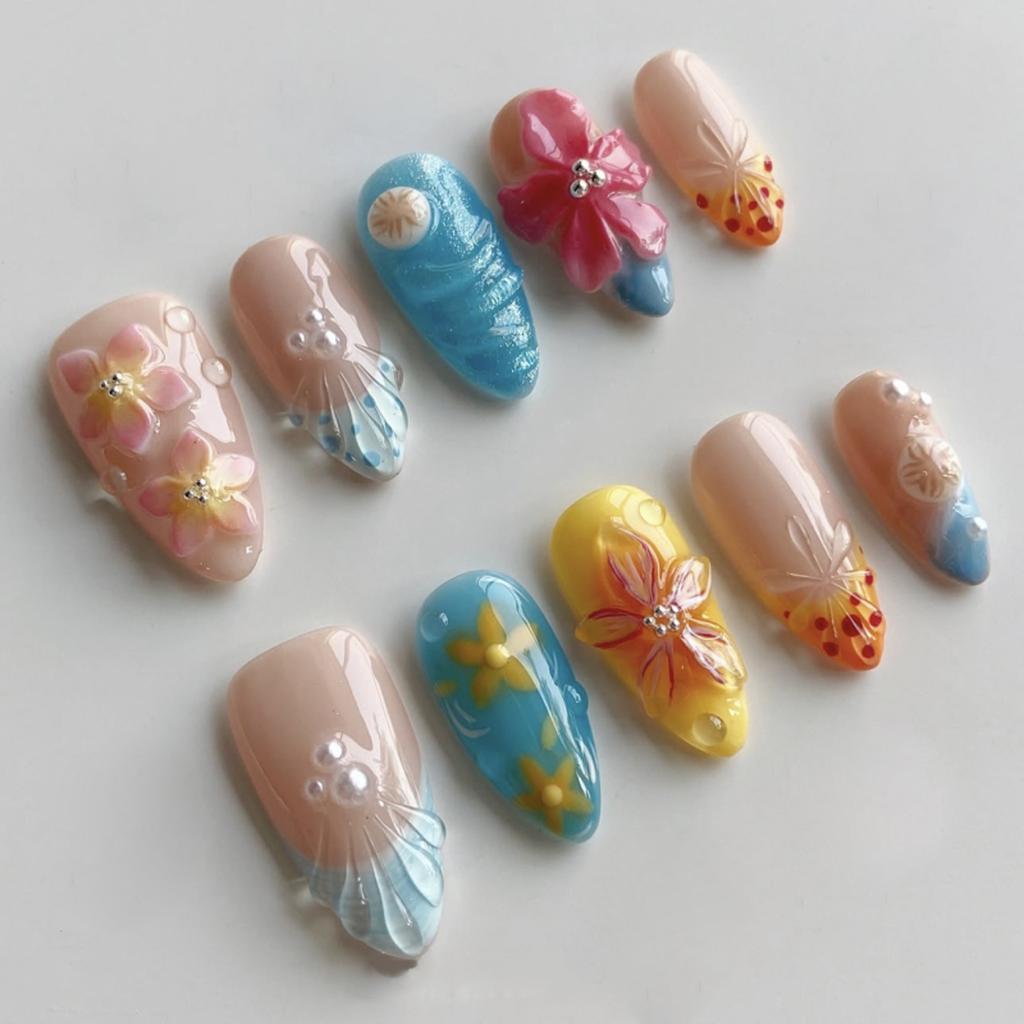 24PCS Pink Blue Gradient Almond Press on Nails Ocean Mermaid Style Nail Tips 3D Jellyfish Flower Shell Fake Nails Beach Vacation