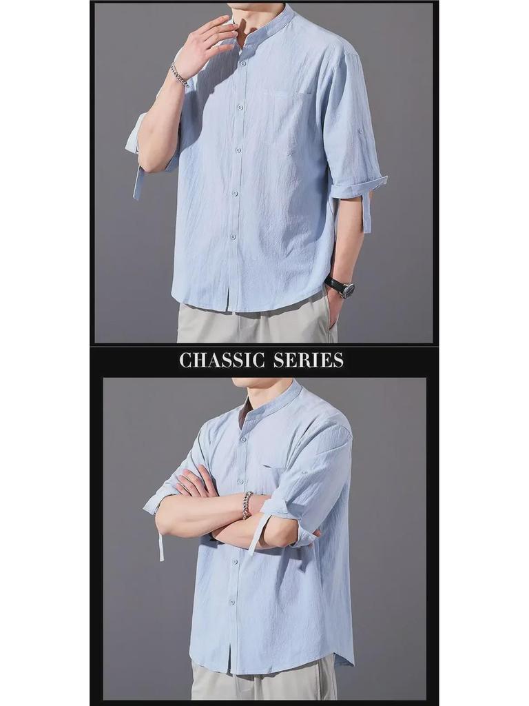 Men's Casual Cotton-Linen Shirt: Summer Lightweight, Loose Fit, Three-Quarter Sleeves