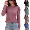 Women Loose Round Neck Pleated Puff Long Sleeve Solid Color T Shirt Top