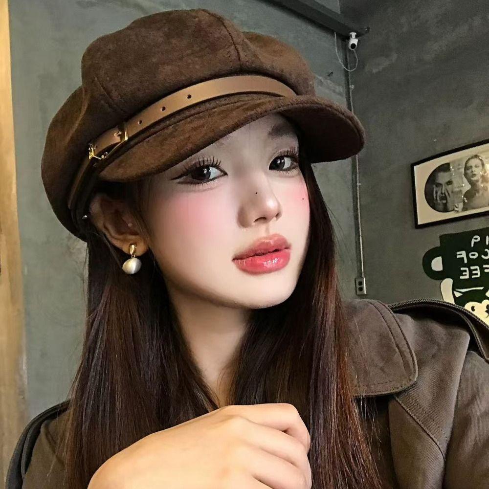 Belt Buckle Pu Leather Beret Brown Painter Hat Fashion Suede Octagonal Hat  Streetwear