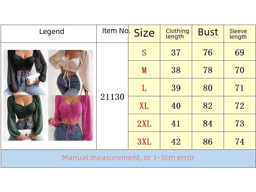 Evropský a americký dámský top s výstřihem do V z šifonu, slim fit, se stahovacími lucernovými rukávy