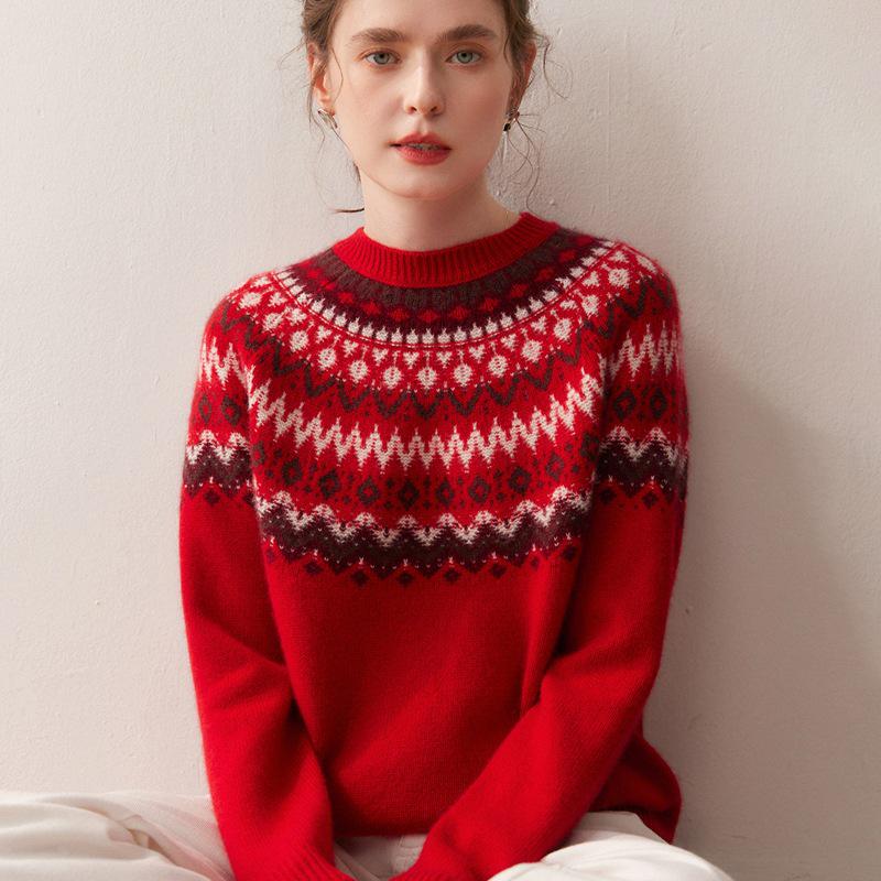2025 Autumn/Winter Women's Fair Isle Cashmere Knit Sweater: Thick, Loose, Round Neck, Long Sleeve Base Layer.