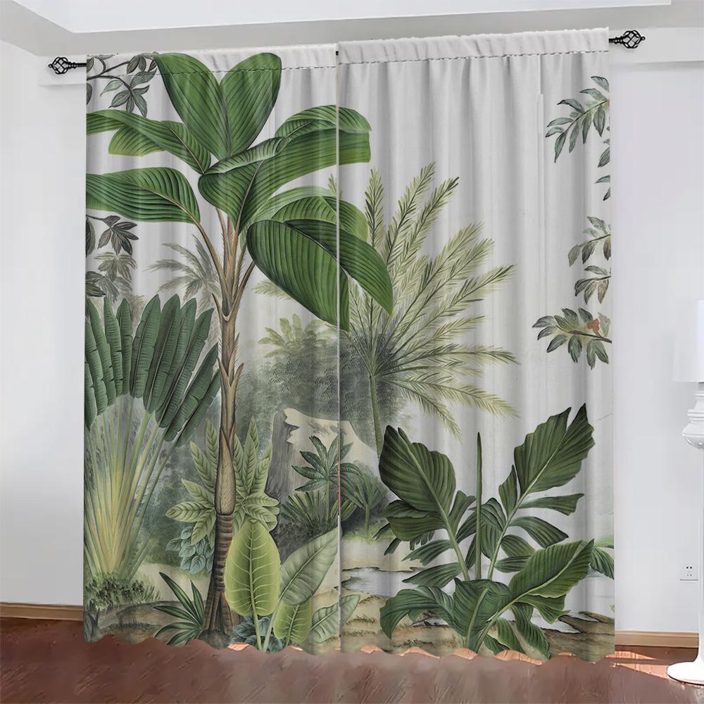 Home Tropical Leaves Curtains Landscape Background Kitchen Coffee Shop Living Room Bacony Curtain With Pole Pocket Polyester Perfect For