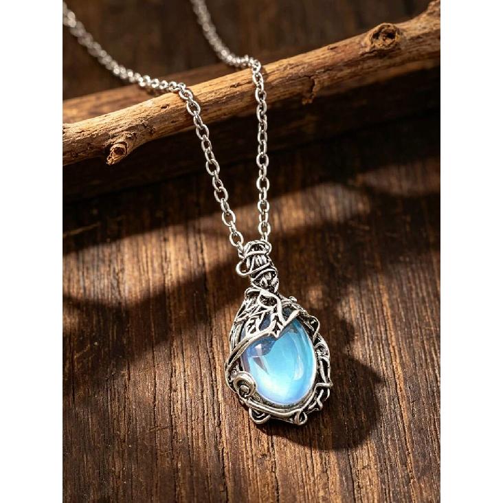 1pc Thorn Vine Moonstone Imitation Necklace, Vintage Distressed Blue Iridescent Water Drop Pendant