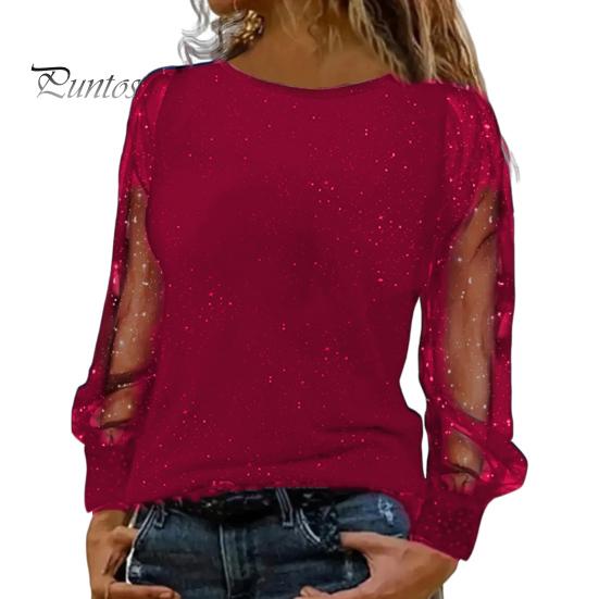 Damen-T-Shirt mit Rundhalsausschnitt, durchsichtig, glitzernd, langärmelig, einfarbig, lockere Passform, lässige Oberteile für den Alltag