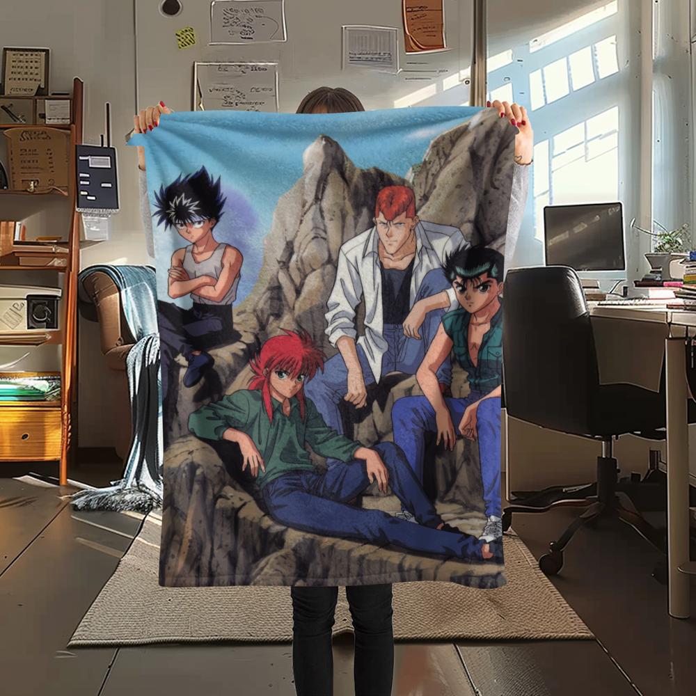 1Pc YuYu Hakusho Print Flannel Blanket, High quality Comfortable for All Seasons, Home Decor, Warmth and Comfort, Perfect for Christmas Gifts
