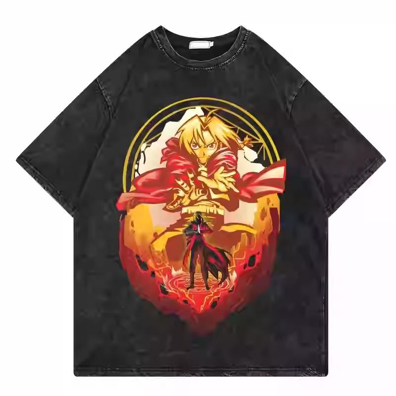 Anime Fullmetal Alchemist Brotherhood Cornice Gotica Fratelli Stampa Grafica T-Shirt Uomo Donna retro Lavato Girocollo Cotone Oversize streetwear moda Top
