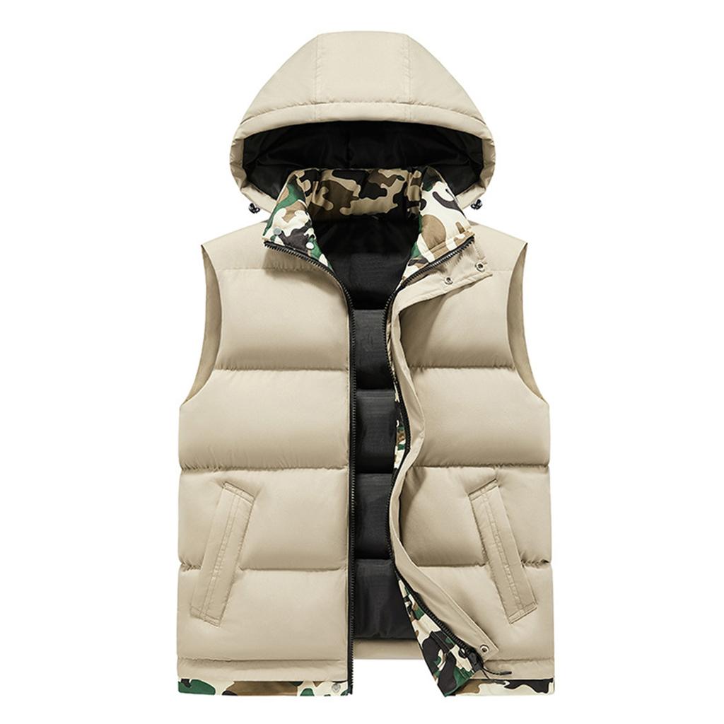 Men's Casual Solid Color Inner Camouflage, Cotton Thickened Windproof Vest, Men's Stand-up Collar Hooded Sleeveless Vest Jacket
