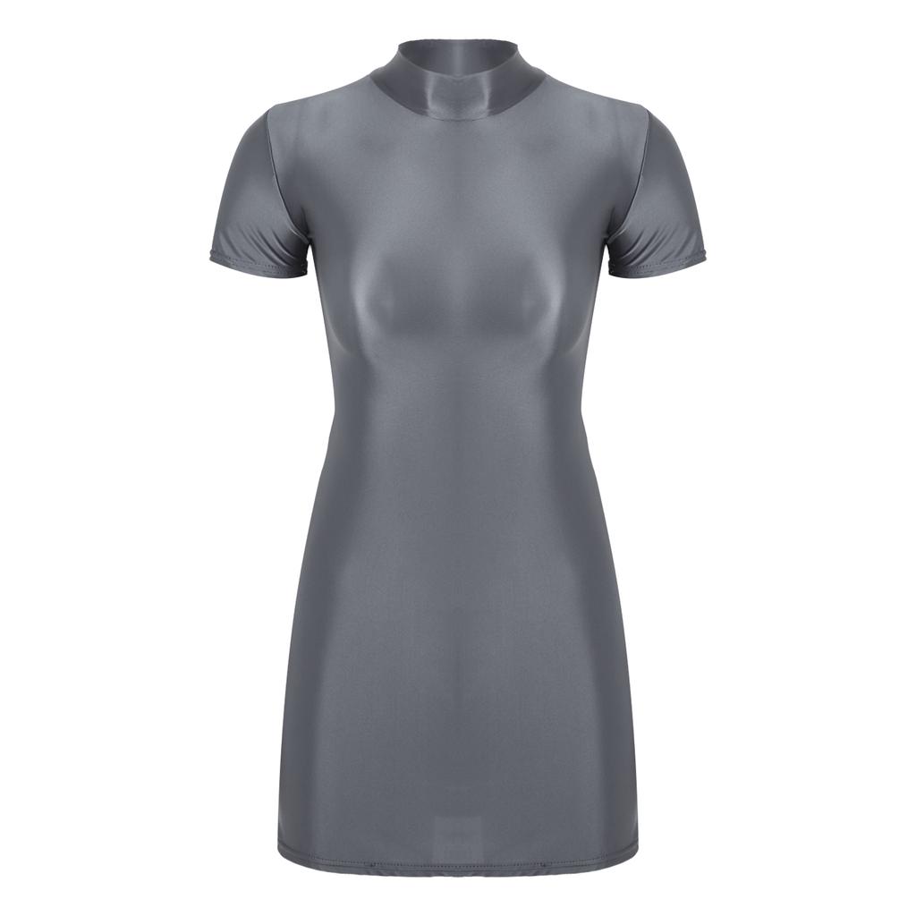 Womens Glossy Mock Neck Bodycon Dress Short Sleeve Stretchy Fabric Nightclub Party Mini Dress