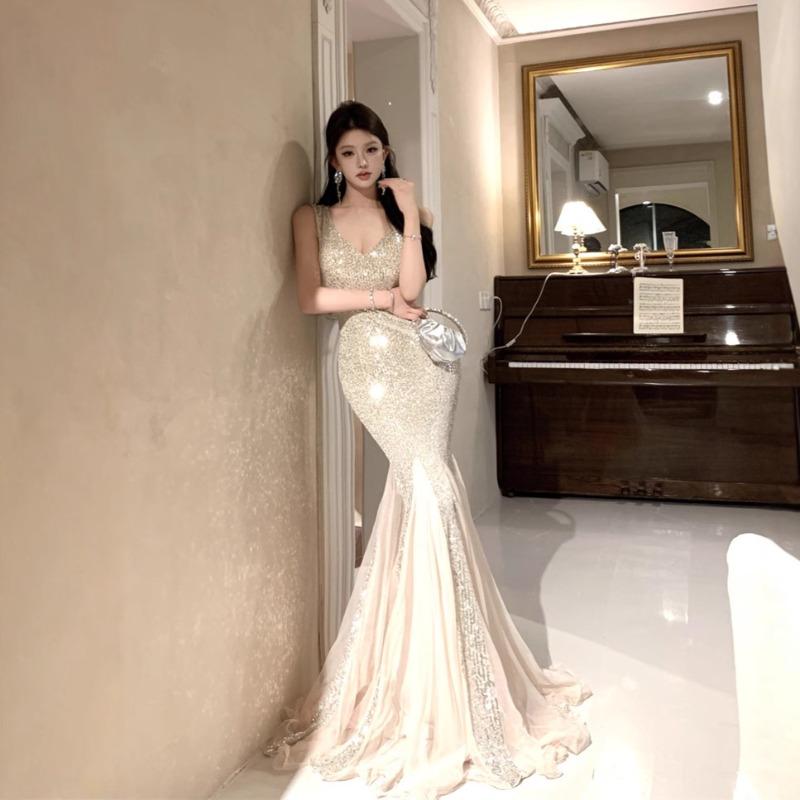 Summer New Socialite Banquet Evening Dress High-end Sequin Dress Mesh Fishtail Dress Small Dress Women