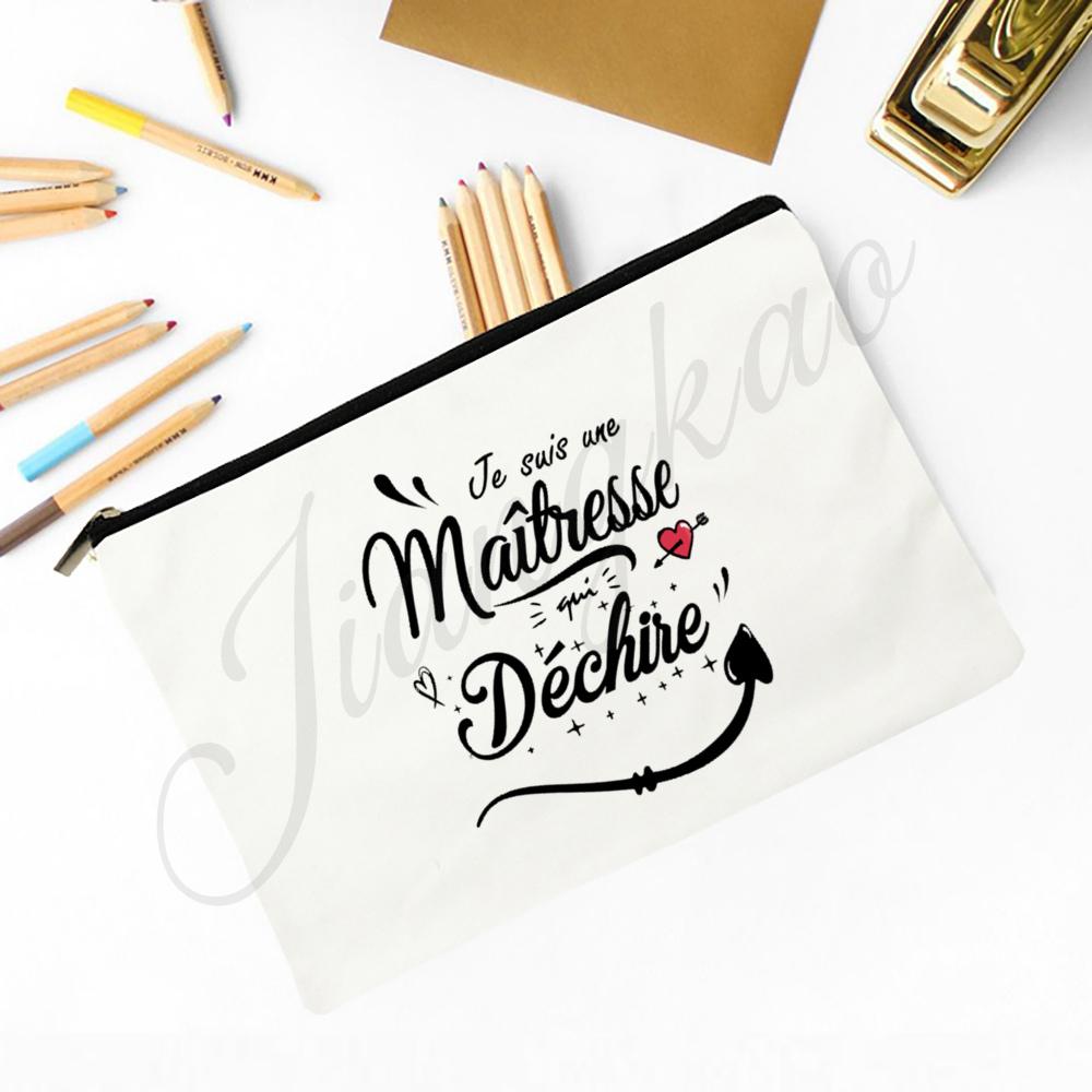 Merci Maitresse French Print Makeup Bag Travel Neceser Toiletry Storage Pouch School Pencil Bags Best Graduate Gift for Teacher