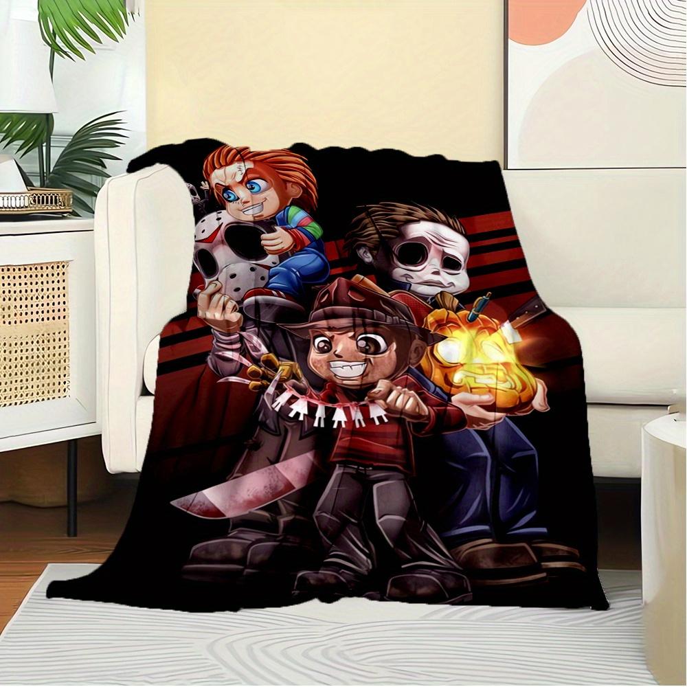 1pc Horror Icons,Chibi Art,Halloween ThemeTheme Digital Printed Flannel Blanket, Super Soft Plush Fleece Bed Cover, Multi-Function Four Seas