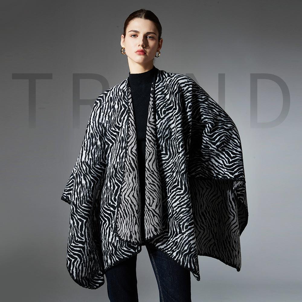 Plus Size Zebra Print Shawl: European/American Autumn/Winter Women's Mid-Length Jacket