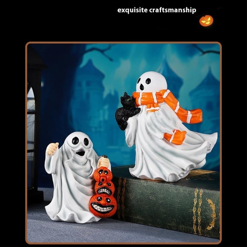 Halloween Ghostly Holding Black Cats Pumpkin Figurine Resins Miniature Sculpture Festives Living Room Table Shelf Decors