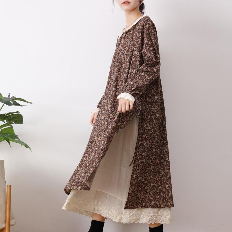 Japanese Mori Girl Spring Autumn Women Cotton Linen Dress Peter Pan Collar Floral Print Retro Dress Embroidery Hollow Out Elegant Vintage Dress
