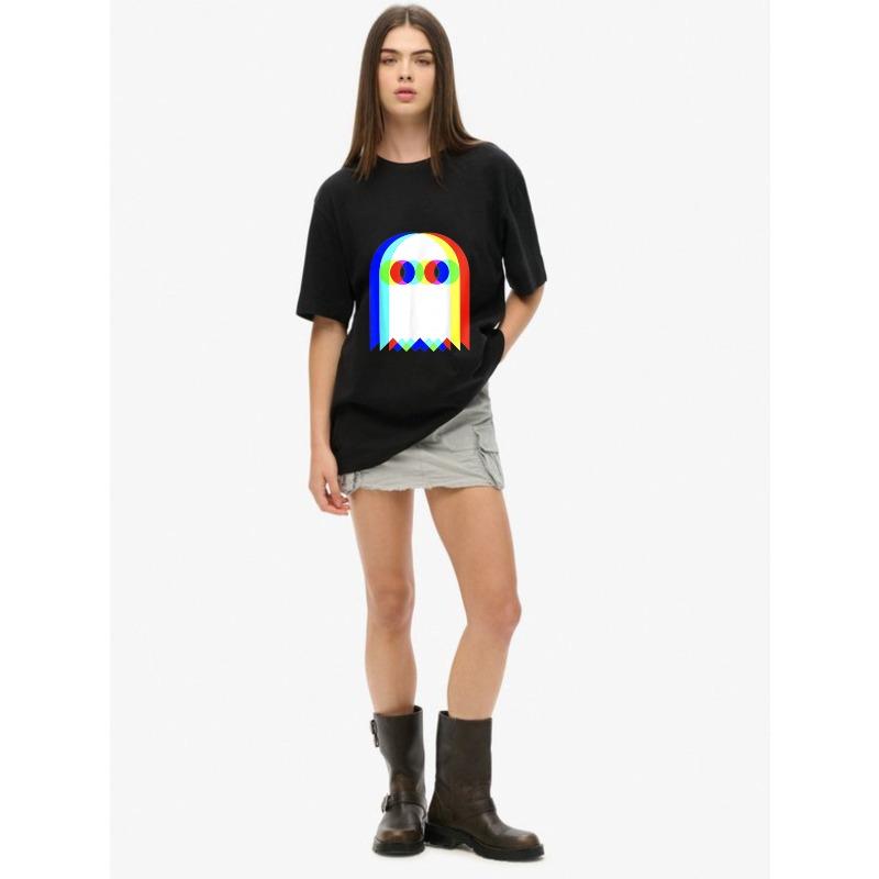 Oversize Women's Short-Sleeve T-Shirt with Rainbow Gradient Ghost (with Colorful Ring Eyes) Print