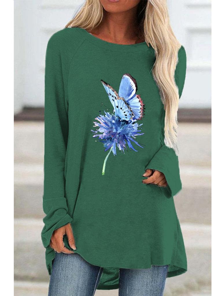 Übergröße Damen Frühling Blumenmuster Bequemes Langarm Rundhals T-Shirt Lässiges Weites Mittellanges T-Shirt Oberteile