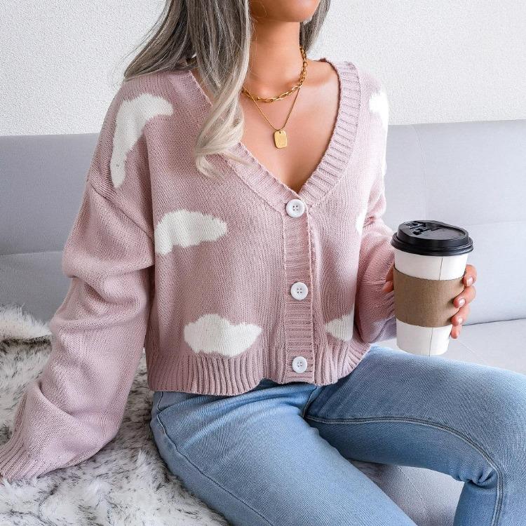 Damen V-Ausschnitt Langarm Bedruckter Strick-Cardigan Einreihiger Pullover Herbst Winter