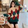 Autumn and Winter Vintage Print Pullovers Christmas Sweaters Women Fashion Loose O Neck Knitted Sweater Women Elegant Warm Casual Ladies Jumpers 25509