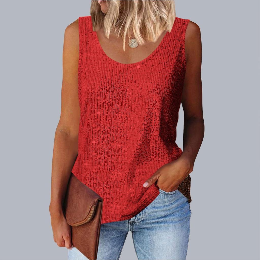 Women's Top, Commuting Sequins, Loose Fitting, Round Neck Vest, Comfortable and Casual