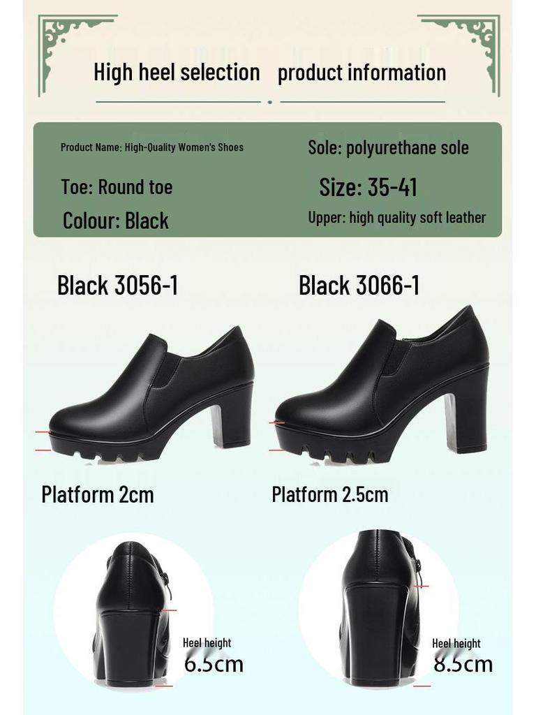 Women's Chunky Heel Platform Loafers - 2024 Spring/Autumn, Round Toe, Leather, Slip-On, Waterproof.