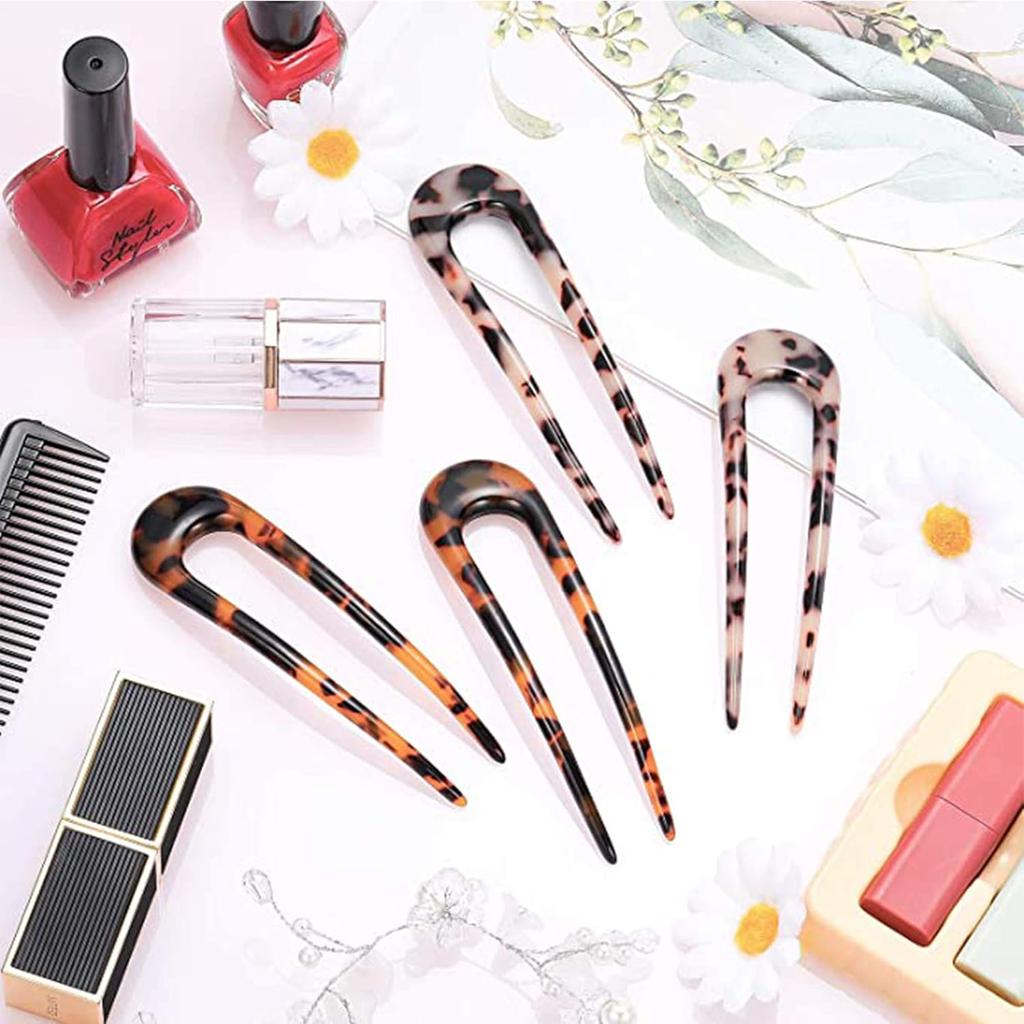 TsLinc 10 Pcs French Style Cellulose Acetate Tortoise Shell U Shaped Hair Pin Fork 2 Prong Updo Chignon Pin U-shaped Hair Pins Stick for Women Girls