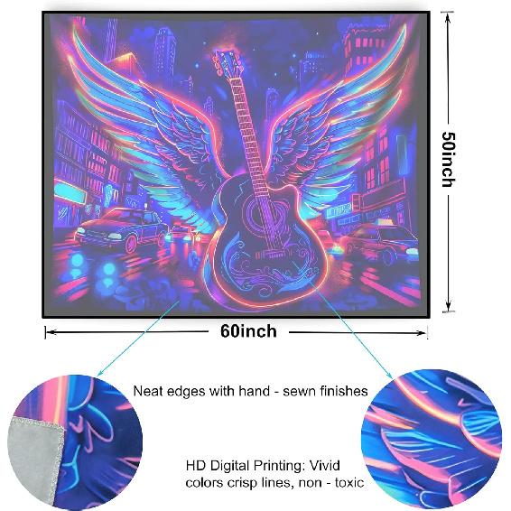 TUGCAY Blacklight Guitar Wing Tapestry UV Reactive Rock Music Tapestry Punk City Car Building Street Wall Hanging Tapestries for Bedroom Dorm Living