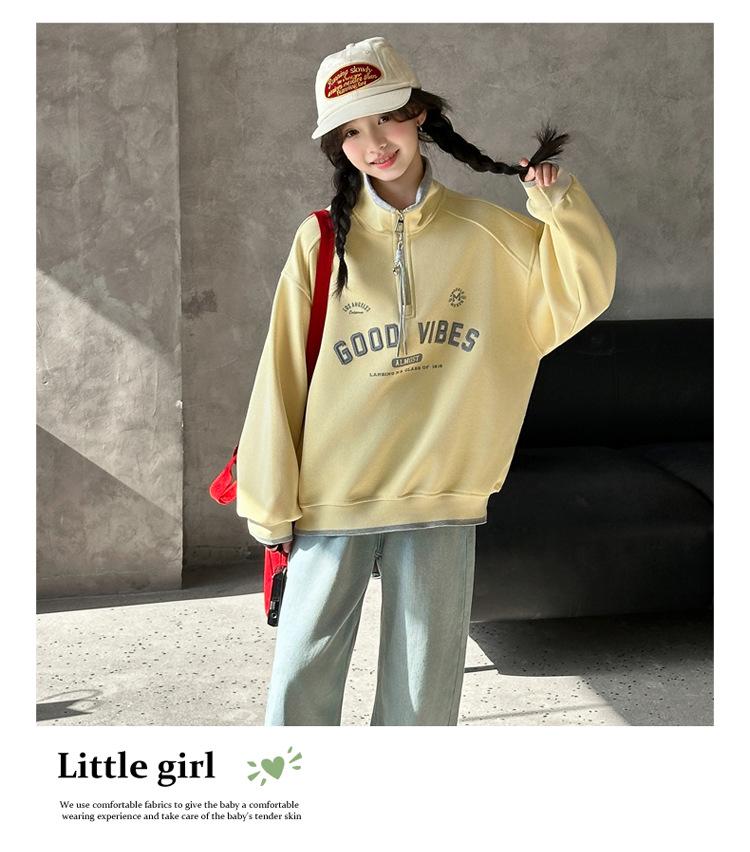 Korean Style Half-Zip Stand Collar Girls' Hoodie - Spring/Autumn Fashion