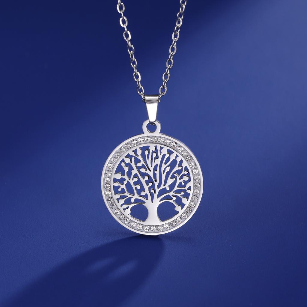 Women's Stainless Steel Gold-Color Tree of Life Necklace with Clear Zircon round Pendant Luxury Jewelry Gift for Weddings