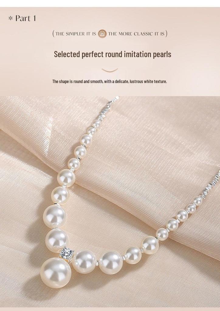 Luxurious S925 Sterling Silver Clavicle Necklace with Crushed Silver and French-Style Round Imitation Pearls.