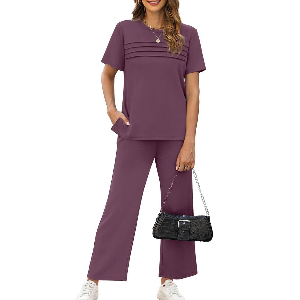 Women's Fashion Color Round Neck Short Sleeved Pleated Top With Drawstring Pockets Casual Pants Sports Two,piece Set