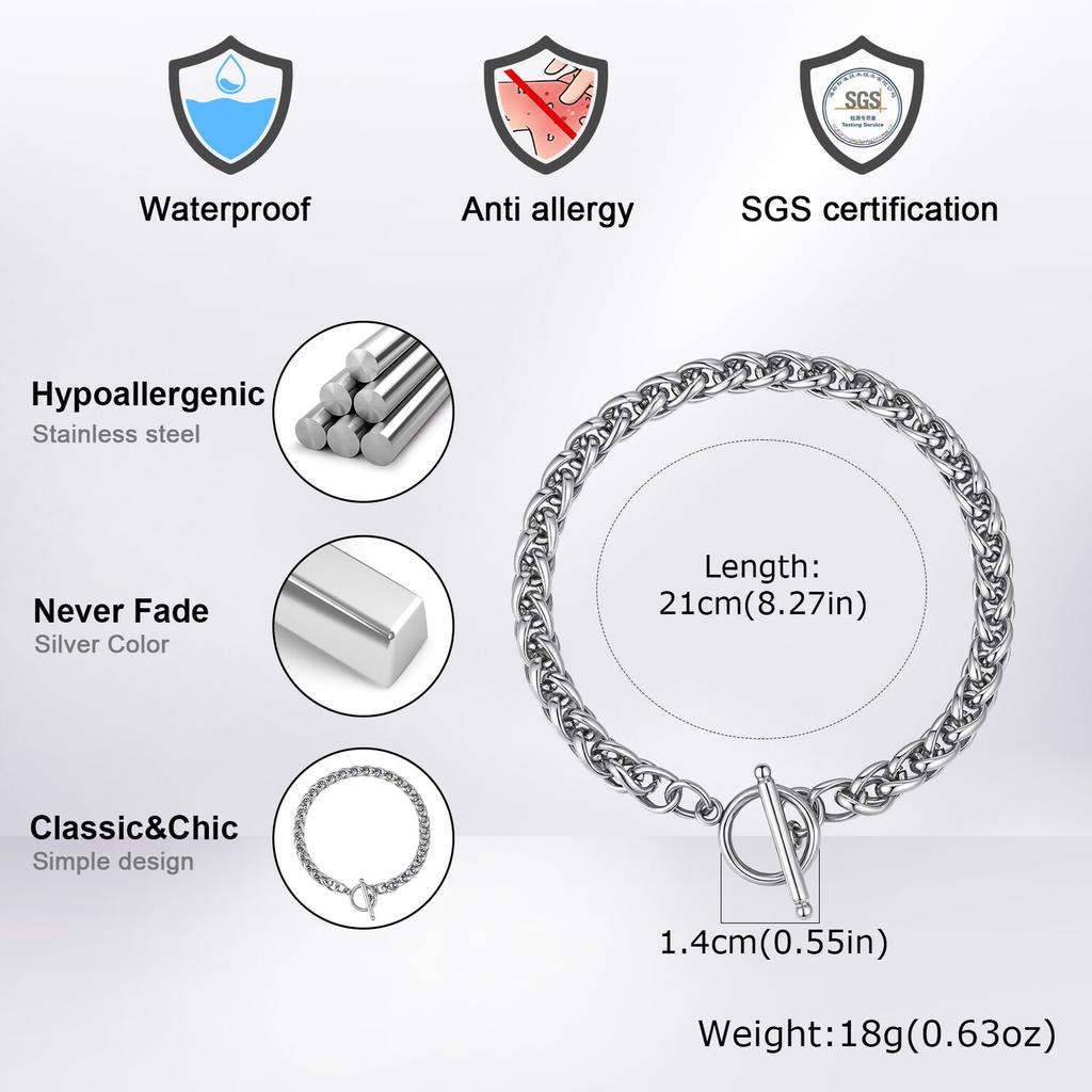 Vnox 6mm Wide Stainless Steel Men's Chain Bracelet, 21cm Length Silver Color Never Fade Toggle Clasp Wristband Punk Jewelry Gift