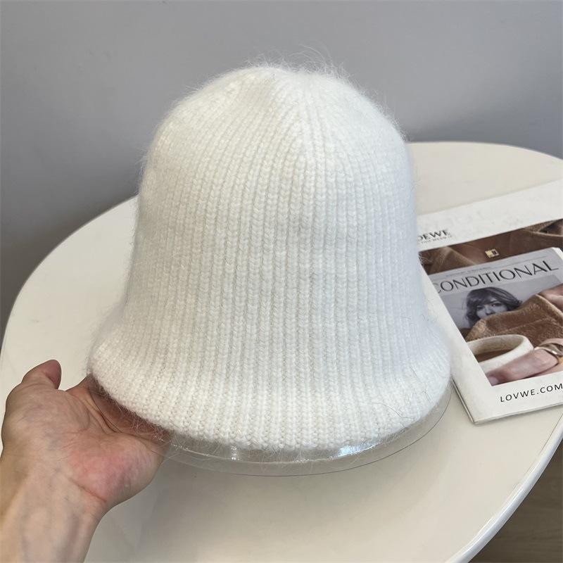Rabbit hair blended wool knitted vertical striped bucket hat women's autumn and winter warm solid color literary fisherman hat