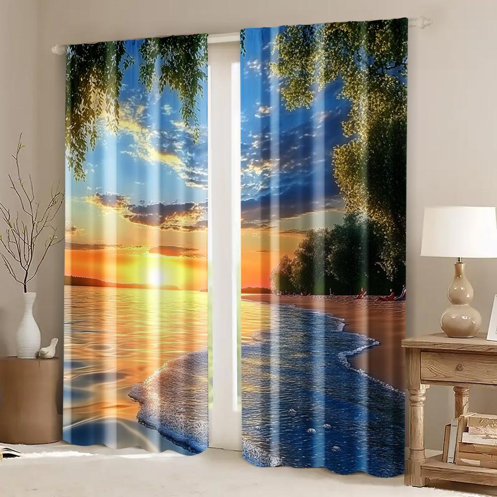 2pcs, Window Curtains Beach Sunrise Sunset Natural Scenery Versatile Polyester Fabric,Without Electricity Family Party Perfect