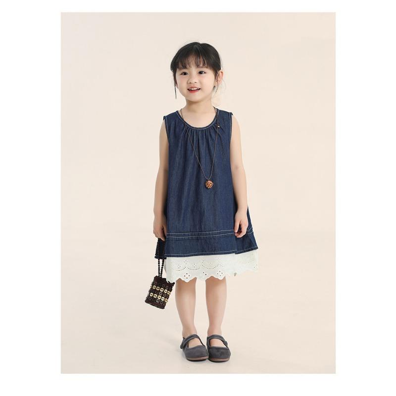 Kids Girls Korean Style Contrast Color Lace Denim A Line Dress