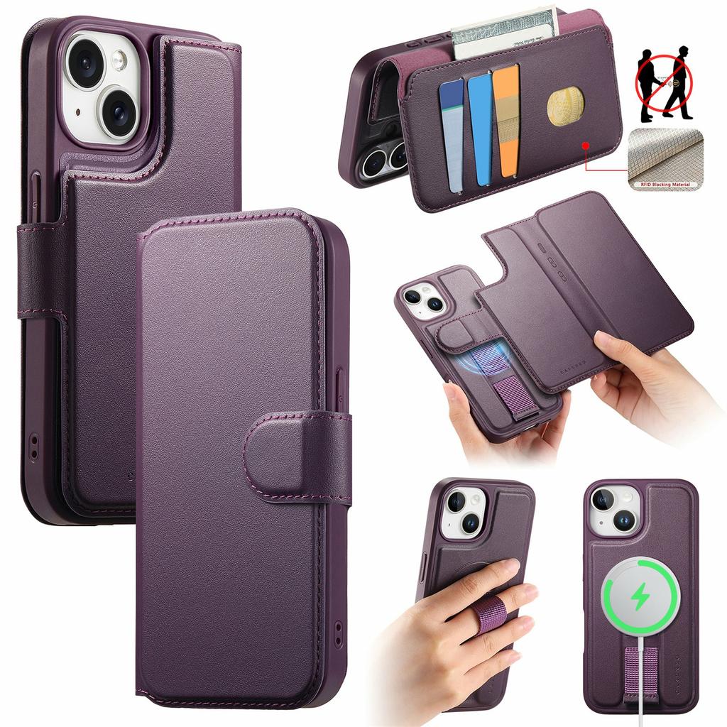 CASENEO For iPhone 14 Magnetic Case RFID Blocking Wallet Detachable Leather Phone Cover with Wristband