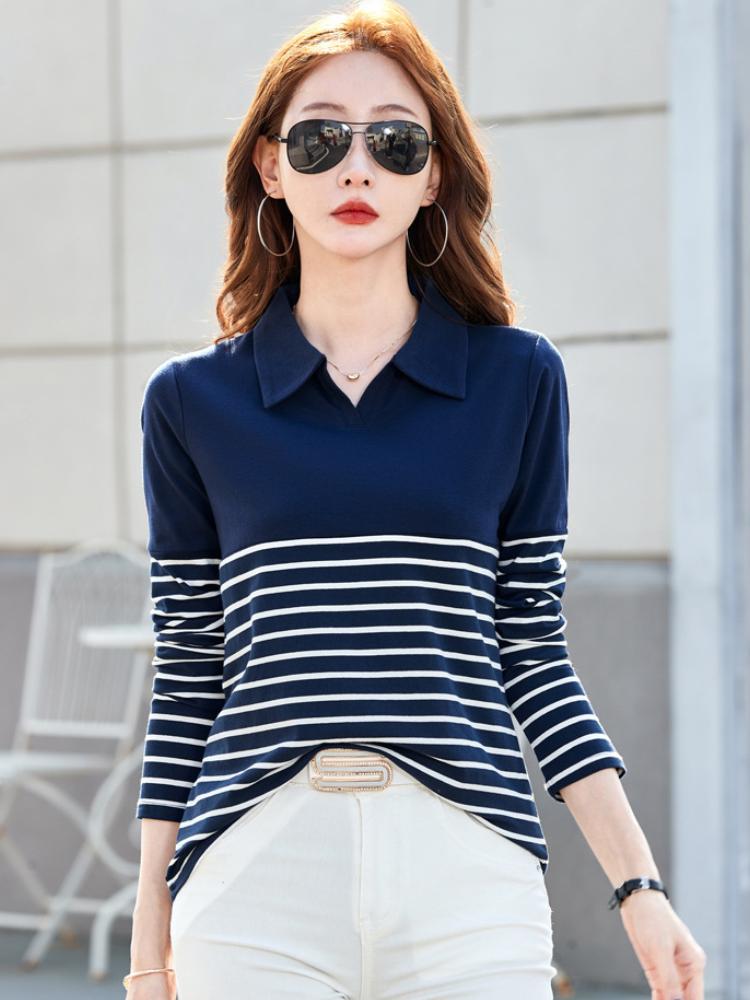 Polo da Donna Manica Lunga Cotone Casual Abbigliamento Femminile da Golf Primavera Estate Top T-shirt Moda a Righe
