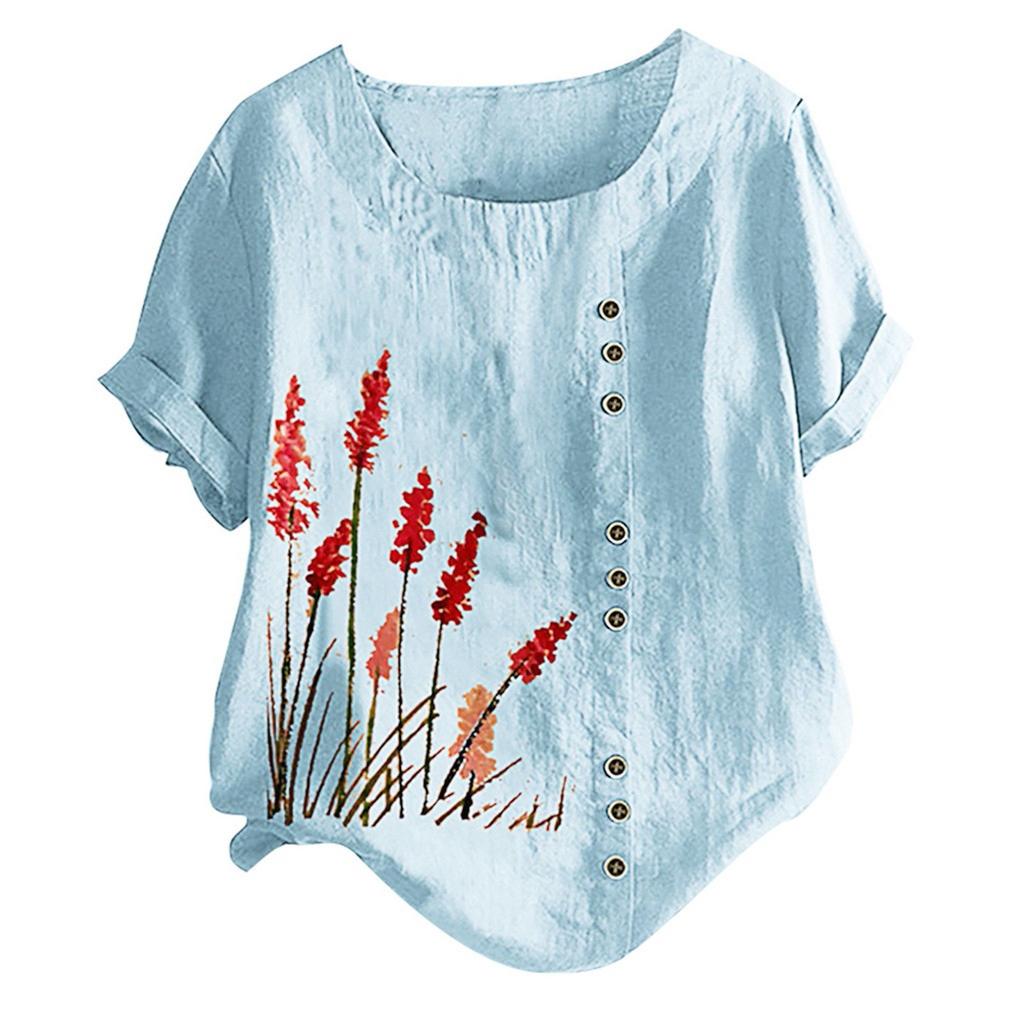 Frühling Herbst Tasten Große Größe Bluse frauen Tops Lose Rundhals Kurzarm Blumen Druck Shirts