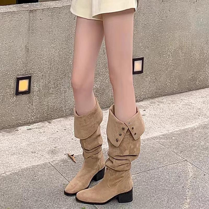Pile boots retro niche small long boots French women's boots autumn and winter versatile western cowboy boots knight boots